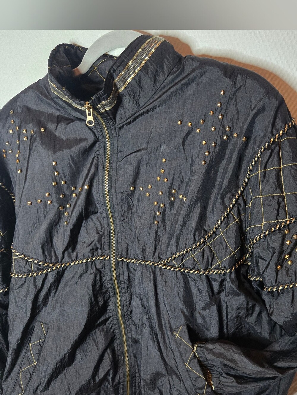 Tracksuit Black With Gold Studs Quilted Design Fully Lined Vintage 90s Sz Large